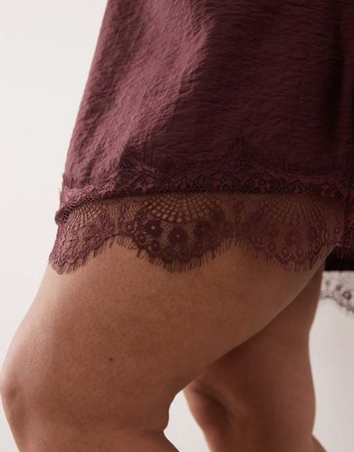 ASOS DESIGN Curve v-neck shift lace crinkle satin mini dress in chocolate, 3 of 4
