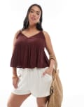 [ASOS Curve] ASOS DESIGN Curve V neck shirred cami in chocolate-Brown 30 Chocolate