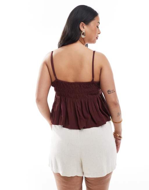 ASOS DESIGN Curve V neck shirred cami in chocolate, 4 of 4