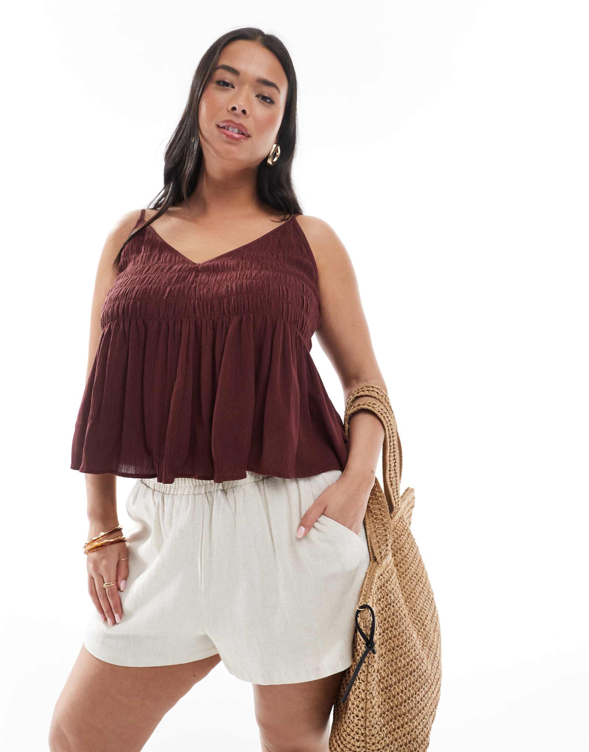 asos design curve v neck shirred cami top in chocolate