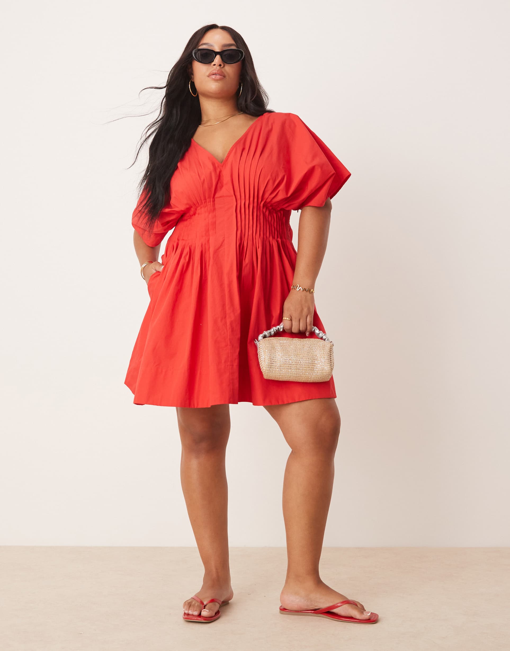 asos design curve v neck short sleeve mini dress with narrow pintucks in red