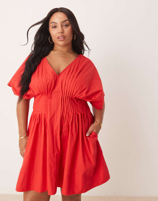 ASOS DESIGN Curve v neck short sleeve mini dress with narrow pintucks in red