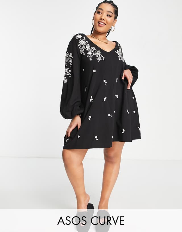 ASOS DESIGN Curve v neck smock dress with white floral embroidery in black