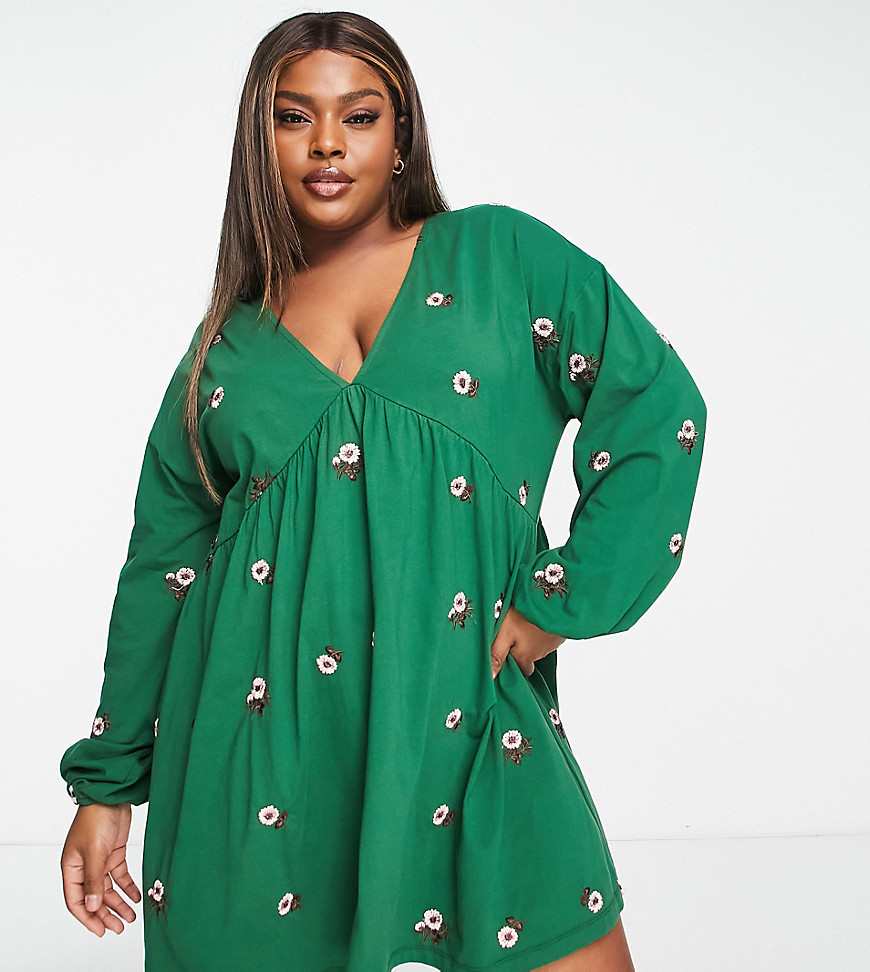 Asos Curve Asos Design Curve V Neck Smock Mini Dress With All Over Daisy Embroidery In Forest Green
