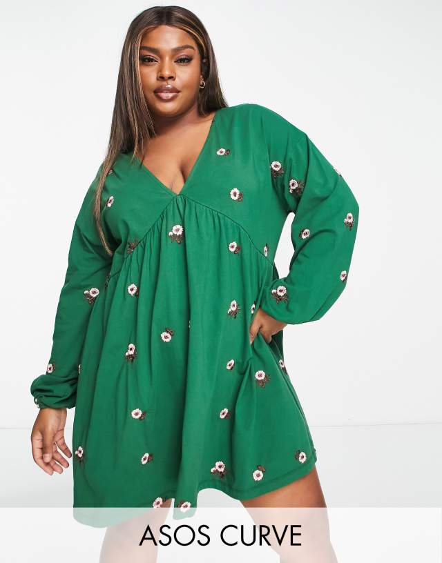 ASOS DESIGN Curve v neck smock mini dress with all over daisy embroidery in forest green