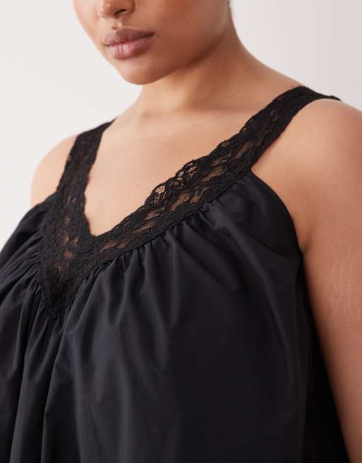 ASOS DESIGN Curve v neck smock poplin mini sundress with lace overlay in black, 3 of 4