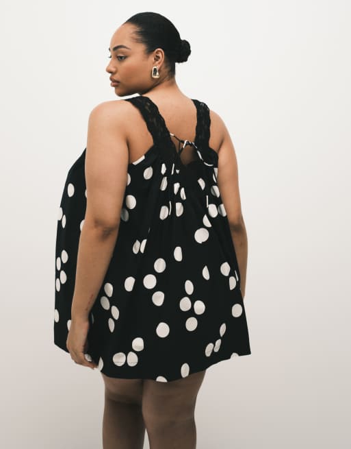ASOS DESIGN Curve v neck smock poplin mini sundress with lace overlay in mono spot, 3 of 4