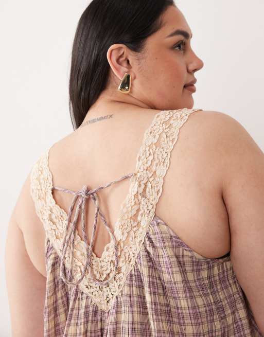 ASOS DESIGN Curve v neck smock poplin mini sundress with lace overlay in pink check , 2 of 4