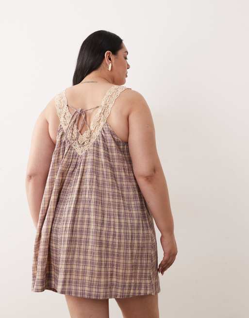 ASOS DESIGN Curve v neck smock poplin mini sundress with lace overlay in pink check , 4 of 4