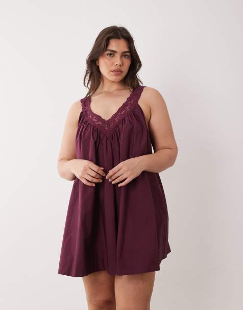ASOS DESIGN Curve v neck smock poplin mini sundress with lace overlay in plum wine 