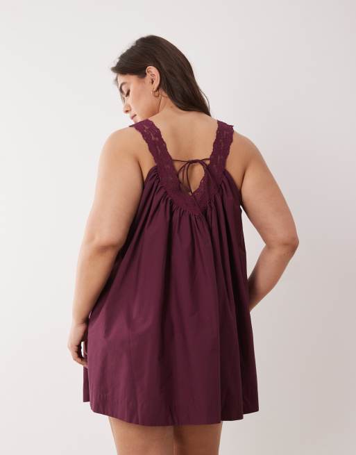 ASOS DESIGN Curve v neck smock poplin mini sundress with lace overlay in plum wine , 4 of 4