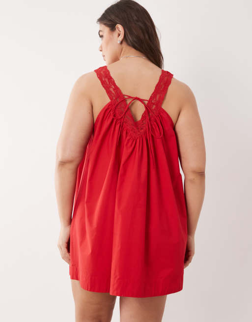 ASOS DESIGN Curve v neck smock poplin mini sundress with lace overlay in tomato red, 4 of 4