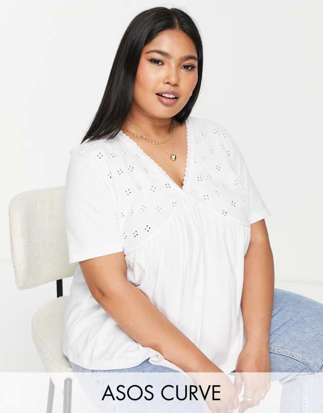 ASOS DESIGN Curve v neck smock top with broderie panel in white