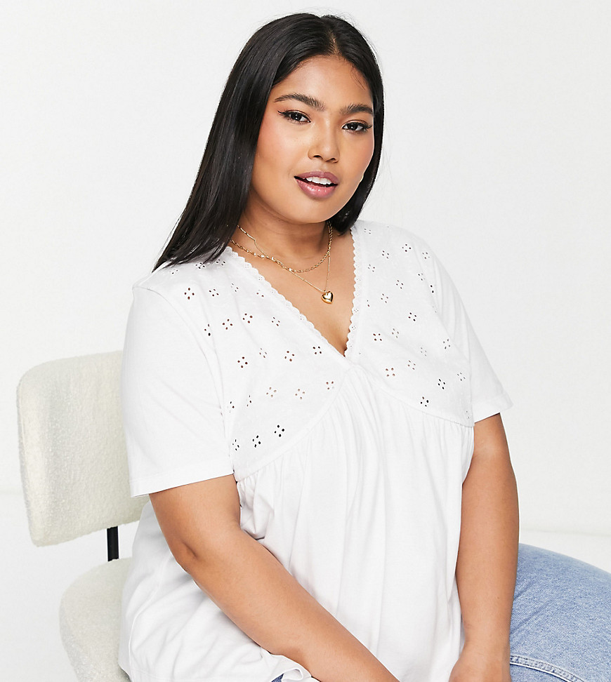 ASOS DESIGN Curve v neck smock top with broidery panel in white
