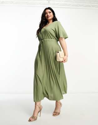 Asos Curve Asos Design Curve V Neck Tie Waist Pleat Midi Dress In Sage-green  | ModeSens
