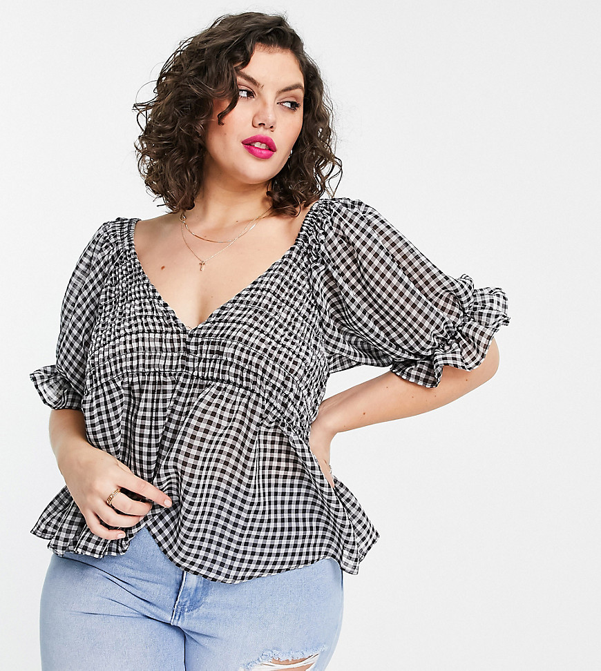 ASOS DESIGN Curve V-neck top with shirred waist and puff ruffle sleeves in mono gingham-No color