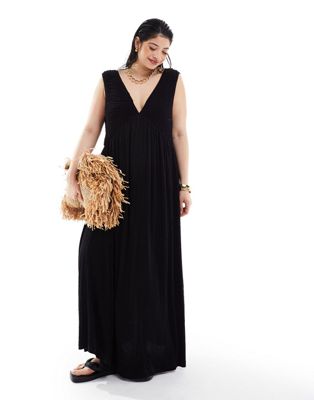 Asos Curve Asos Design Curve V Neck With Full Hem Midaxi Dress In Black-multi