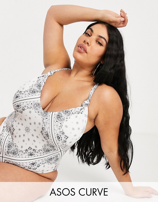 ASOS DESIGN curve v plunge swimsuit with knot apex in white bandana print