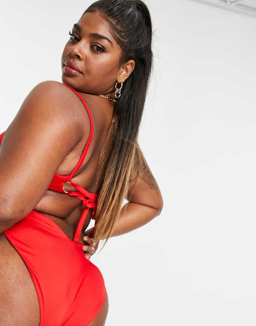 ASOS DESIGN curve v-shape high leg hipster bikini bottom in red, 2 of 4