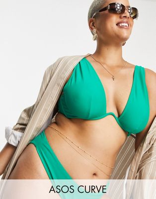 ASOS DESIGN Curve v underwired bikini top in emerald green - ASOS Price Checker