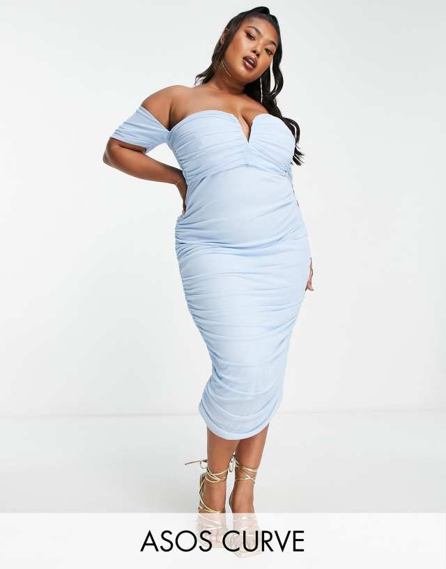 ASOS DESIGN Curve v wire bardot ruche mesh midi dress in pale blue