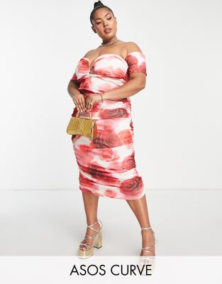 Asos Design Curve V Wire Bardot Ruche Mesh Midi Dress In Rose Floral Print-Multi
