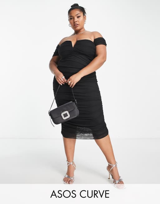 Shape Black Ruched Mesh Bodycon Dress