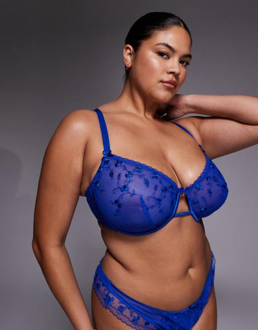 ASOS DESIGN Curve - Valentina - Completo intimo color cobalto con ricamo a fiori e profili in raso
