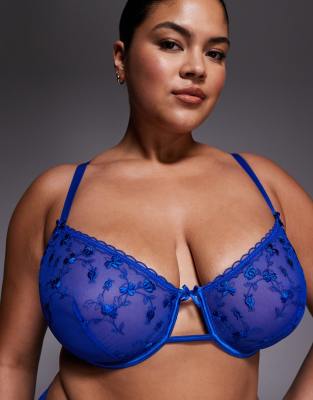 Asos Curve Asos Design Curve Valentina Floral Embroidered Underwire Bra With Satin Binding In Blue