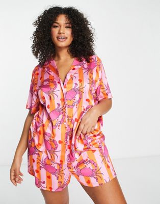 ASOS DESIGN Curve satin crab print shirt & short pyjama set in pink & orange stripe