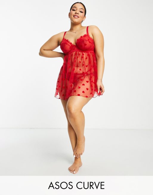 ASOS DESIGN Fuller Bust Valeria flocked heart babydoll with thong in red