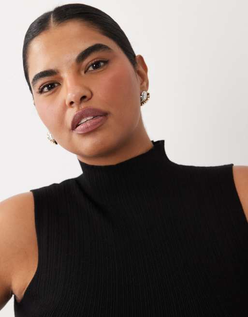 ASOS DESIGN Curve variegated knit rib sleeveless funnel neck top in black, 2 of 4