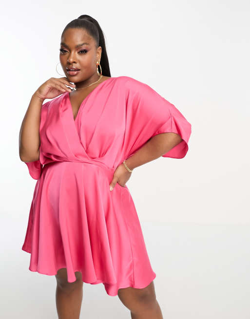 ASOS DESIGN Curve - Varm pink minikjole med flagermusærmer og dyb udskæring