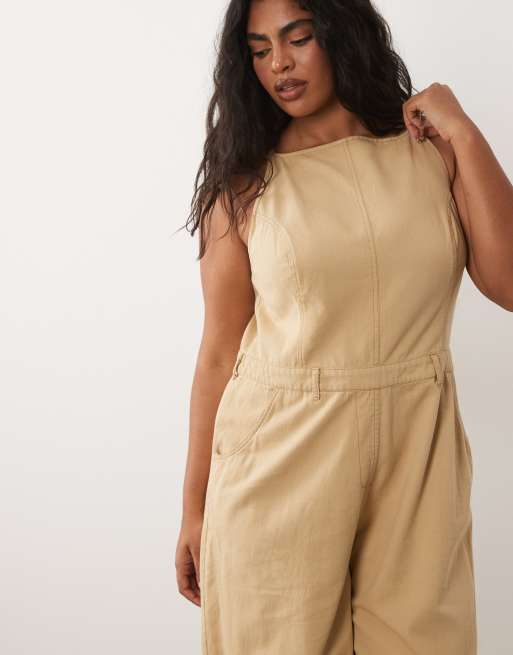 ASOS DESIGN Curve - Vasket beige jumpsuit med sømdetaljer i twill, 2 af 4