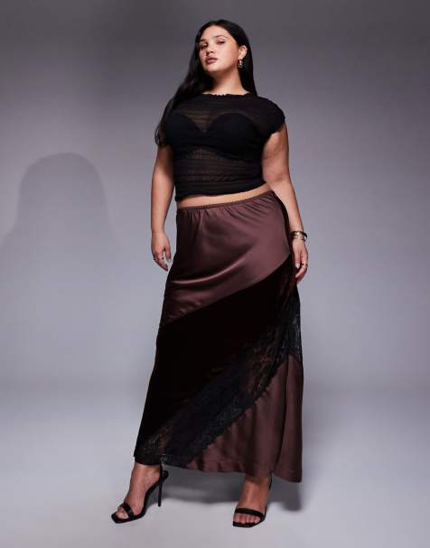 ASOS DESIGN Curve velvet and lace mix satin maxi skirt in chocolate - view 1