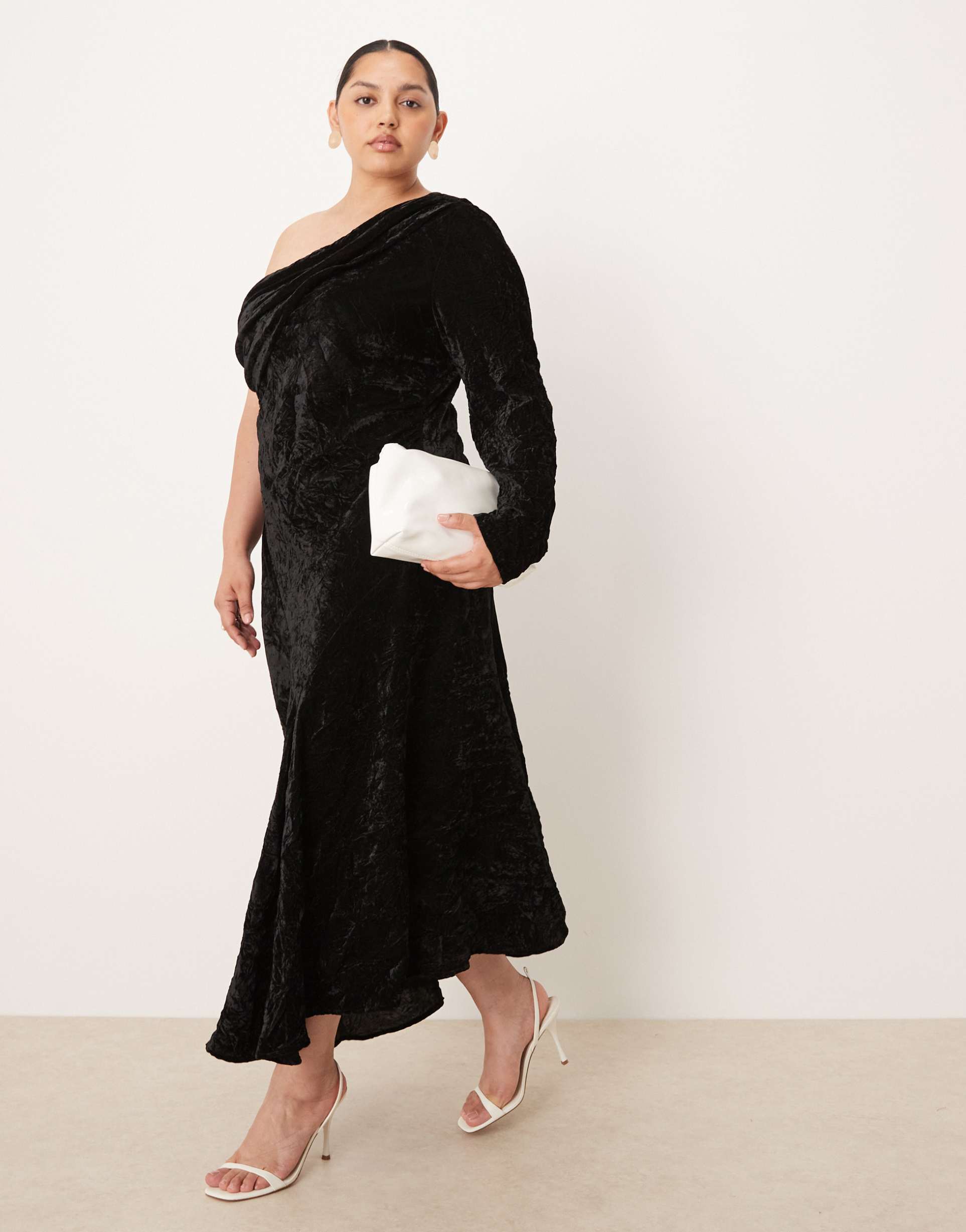 asos design curve velvet asymmetric draped maxi dress in black