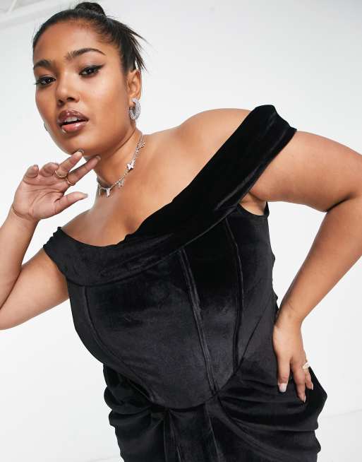 ASOS DESIGN Hourglass velvet corset with one shoulder dobby mesh detail in  black