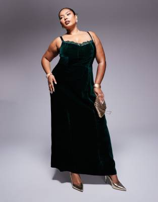 Asos Design Curve Velvet Corset Midi Dress With Lace Insert In Deep Teal-blue