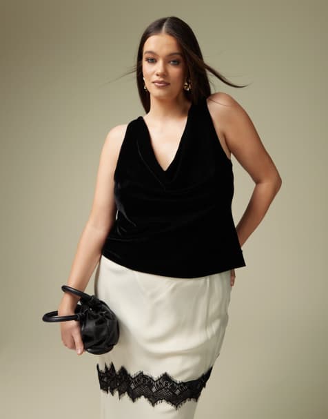ASOS DESIGN Curve velvet cowl neck top in black - view 1