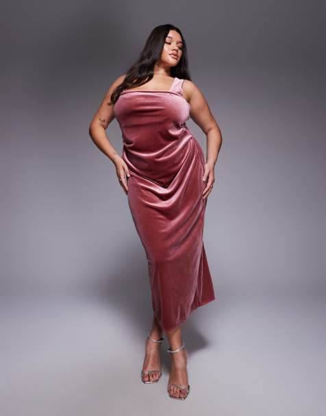 ASOS DESIGN Curve velvet curved neckline midi dress with slit in rose pink - view 1