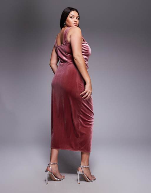 ASOS DESIGN Curve velvet curved neckline midi dress with split in rose pink, 2 of 4