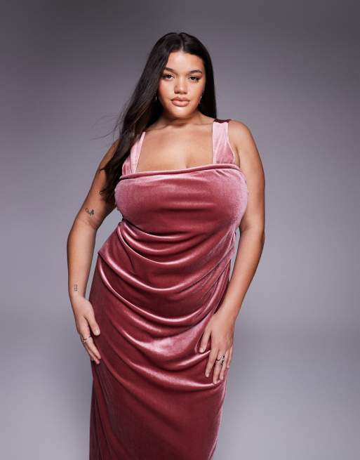 ASOS DESIGN Curve velvet curved neckline midi dress with split in rose pink, 4 of 4