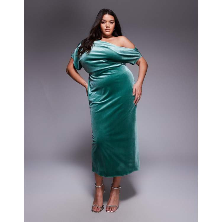 asos green velvet maxi dress DESIGN Curve dramatic neckline midi in Pakistani Party Dress
