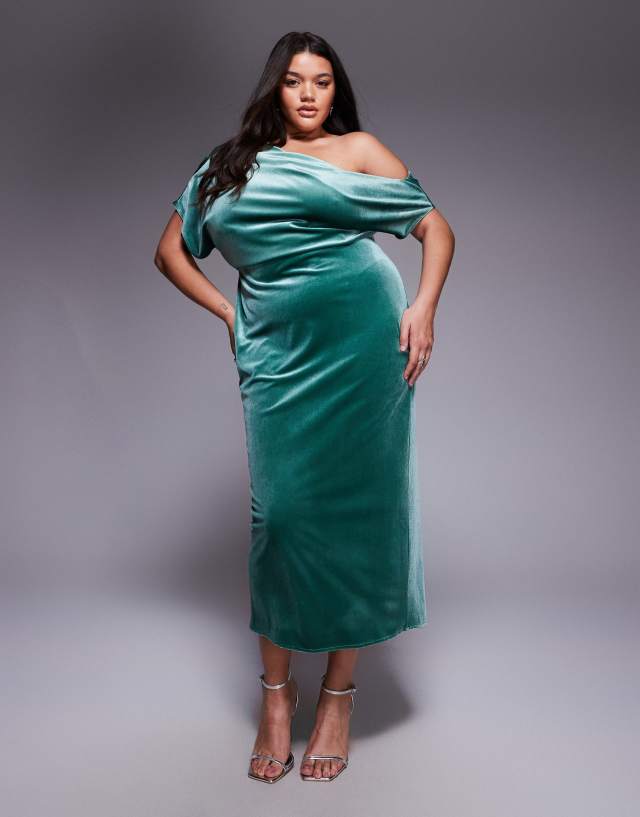 asos curve green dress DESIGN velvet dramatic neckline midi in Lime green
