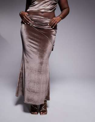 Asos Curve Asos Design Curve Velvet Drape Fishtail Maxi Skirt In Brown