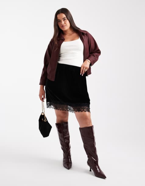 ASOS DESIGN Curve velvet lace trim mini skirt in black - view 1