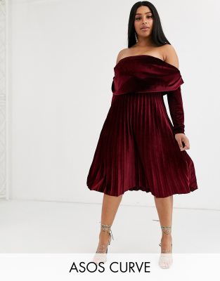 asos design pleated velvet bardot midi dress