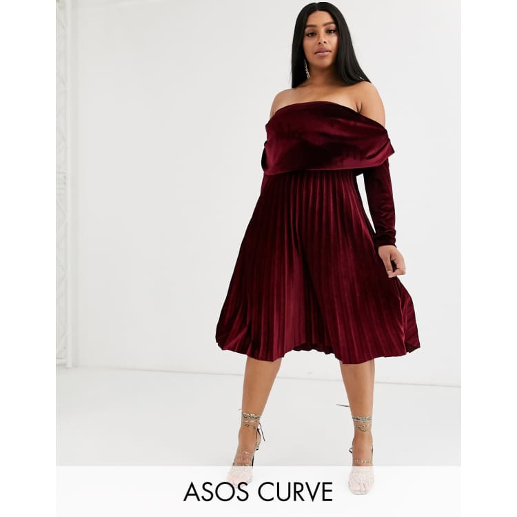 Asos design pleated 2025 velvet bardot midi dress