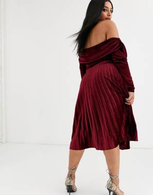 asos design pleated velvet bardot midi dress