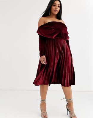 asos design pleated velvet bardot midi dress